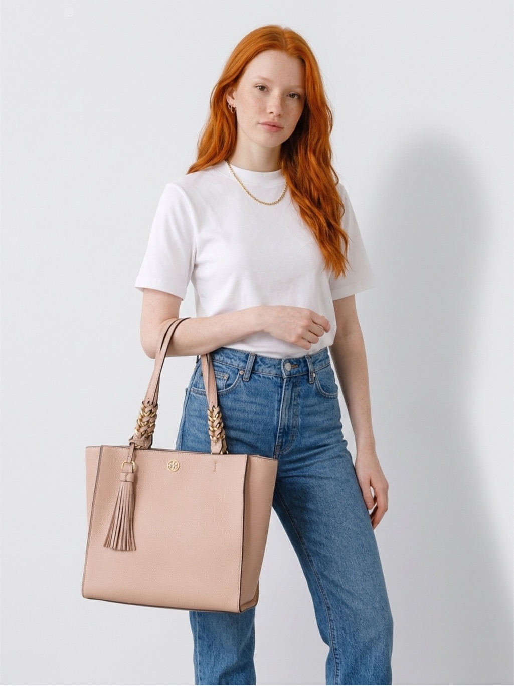 Tory Burch Blush Pink Brooke Pebbled Leather Tote With Tassel